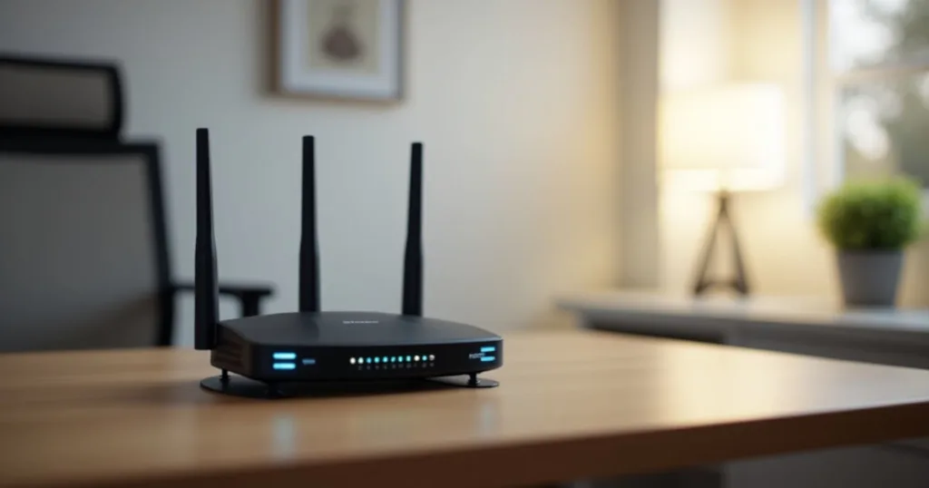 10 Melhores Roteadores WiFi de 2025 Roteador Wifi com três antenas na cor preta, com luzes azuis na parte frontal, ele está sobre uma mesa todo aceso
