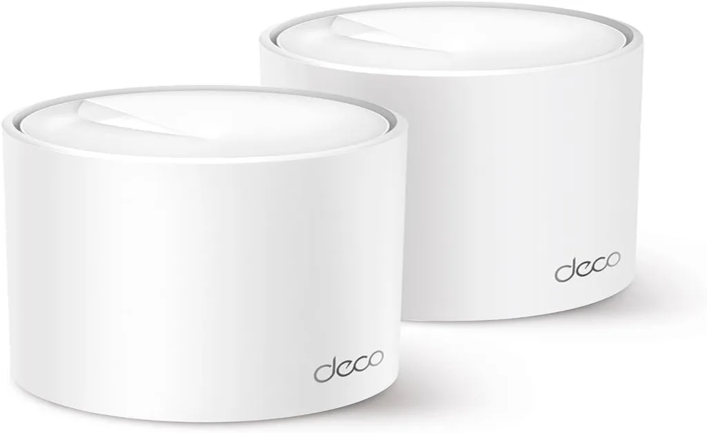 10 Melhores Roteadores WiFi de 2025 Roteador TP-Link Deco X50 (2-Pack) Sistema WiFi 6 AI Mesh AX3000 2 aparelhos branco no formato cilindrico, utilizado para conectar dispositvos moveis na internet wifi