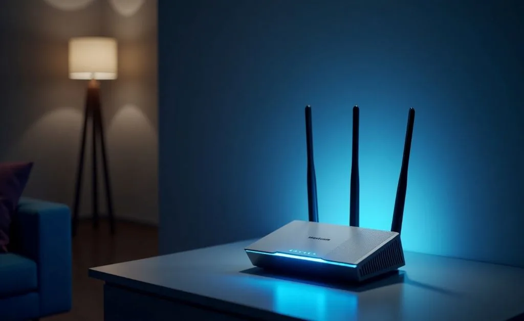 Imagem de um roteador com 3 antenas sobre uma mesa. Roteadores Mercusys