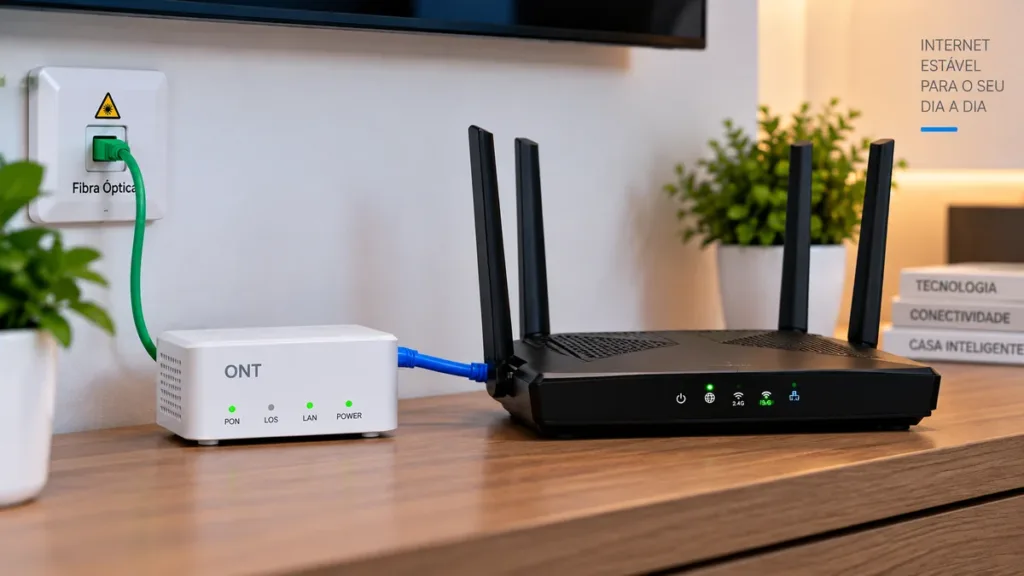 ONT conectada a roteador para fibra óptica por cabo Ethernet