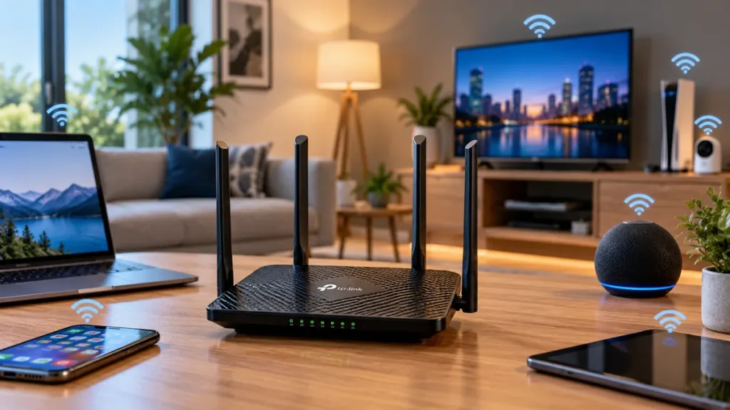 Roteador TP-Link 4 antenas em uma rede doméstica com vários dispositivos