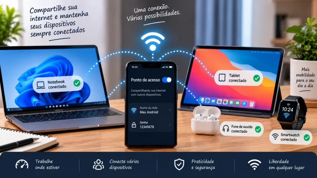 Celular compartilhando internet com notebook, tablet e outros dispositivos