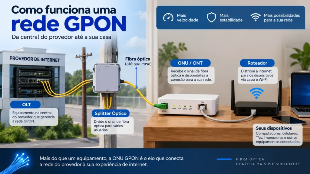 Como funciona uma rede ONU GPON entre OLT, splitter, ONU e roteador