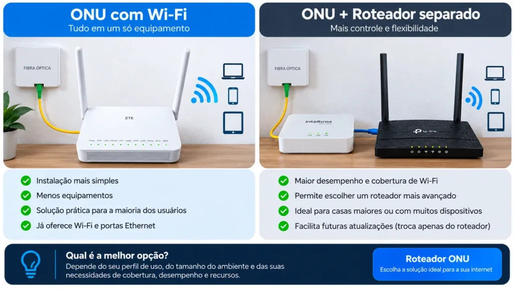 ONU com Wi-Fi ou ONU com roteador separado