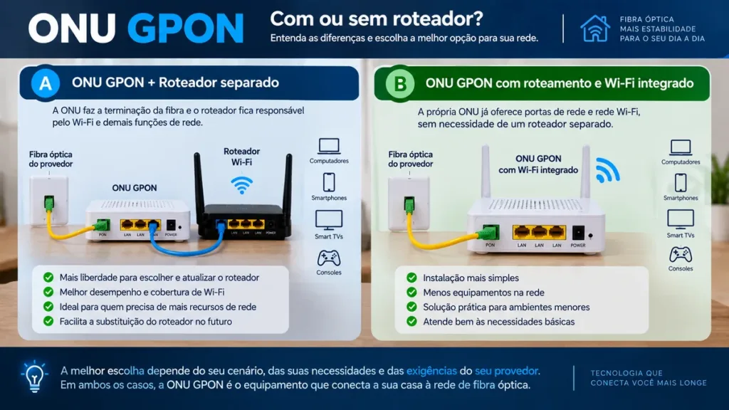 ONU GPON com roteador separado ou com Wi-Fi integrado