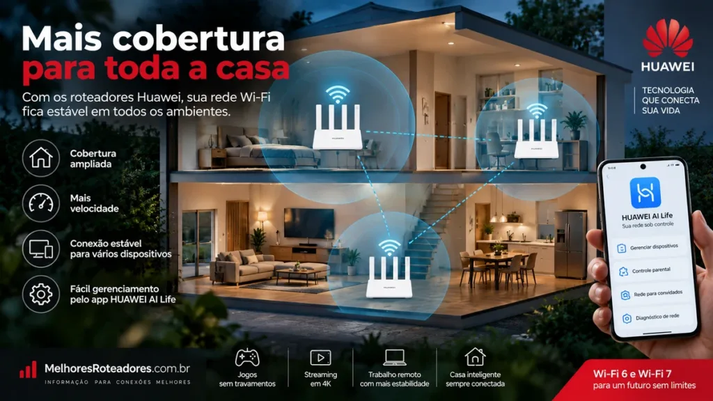 Roteador Huawei Mesh ampliando a cobertura Wi-Fi em uma casa