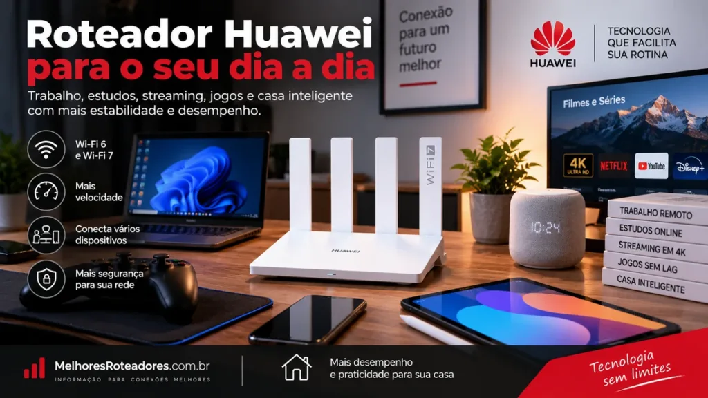 Roteador Huawei Wi-Fi 6 e Wi-Fi 7 conectado a vários dispositivos