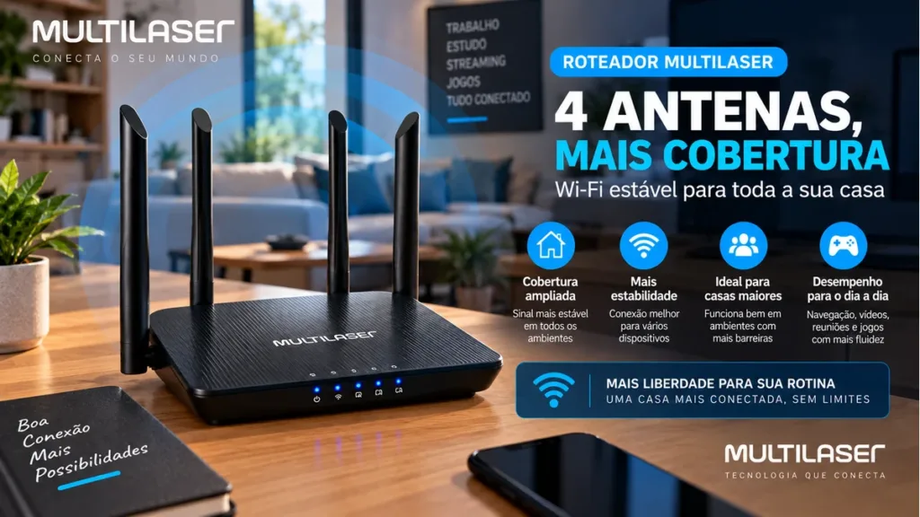 Roteador Multilaser de 4 antenas para rede Wi-Fi doméstica