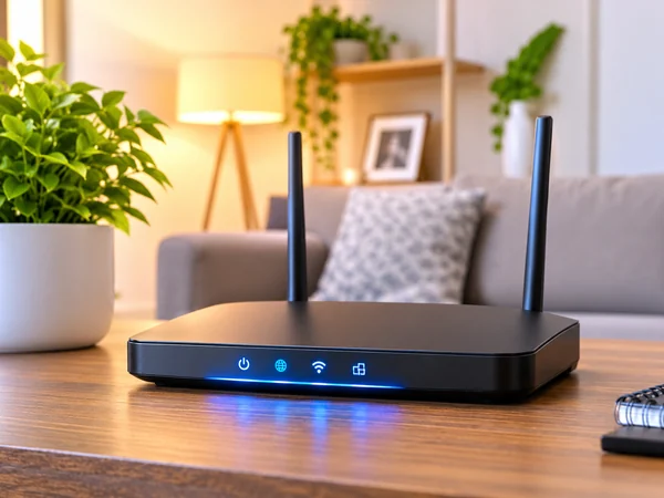 Início Roteador Wi-Fi para fibra óptica em ambiente residencial moderno