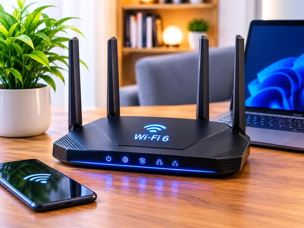 Início Roteador Wi-Fi 6 com quatro antenas em ambiente residencial